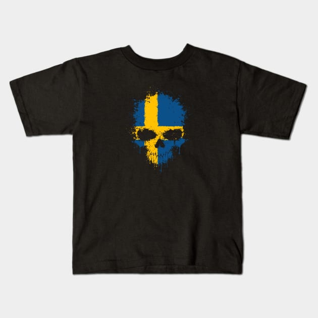 Chaotic Swedish Flag Splatter Skull Kids T-Shirt by jeffbartels